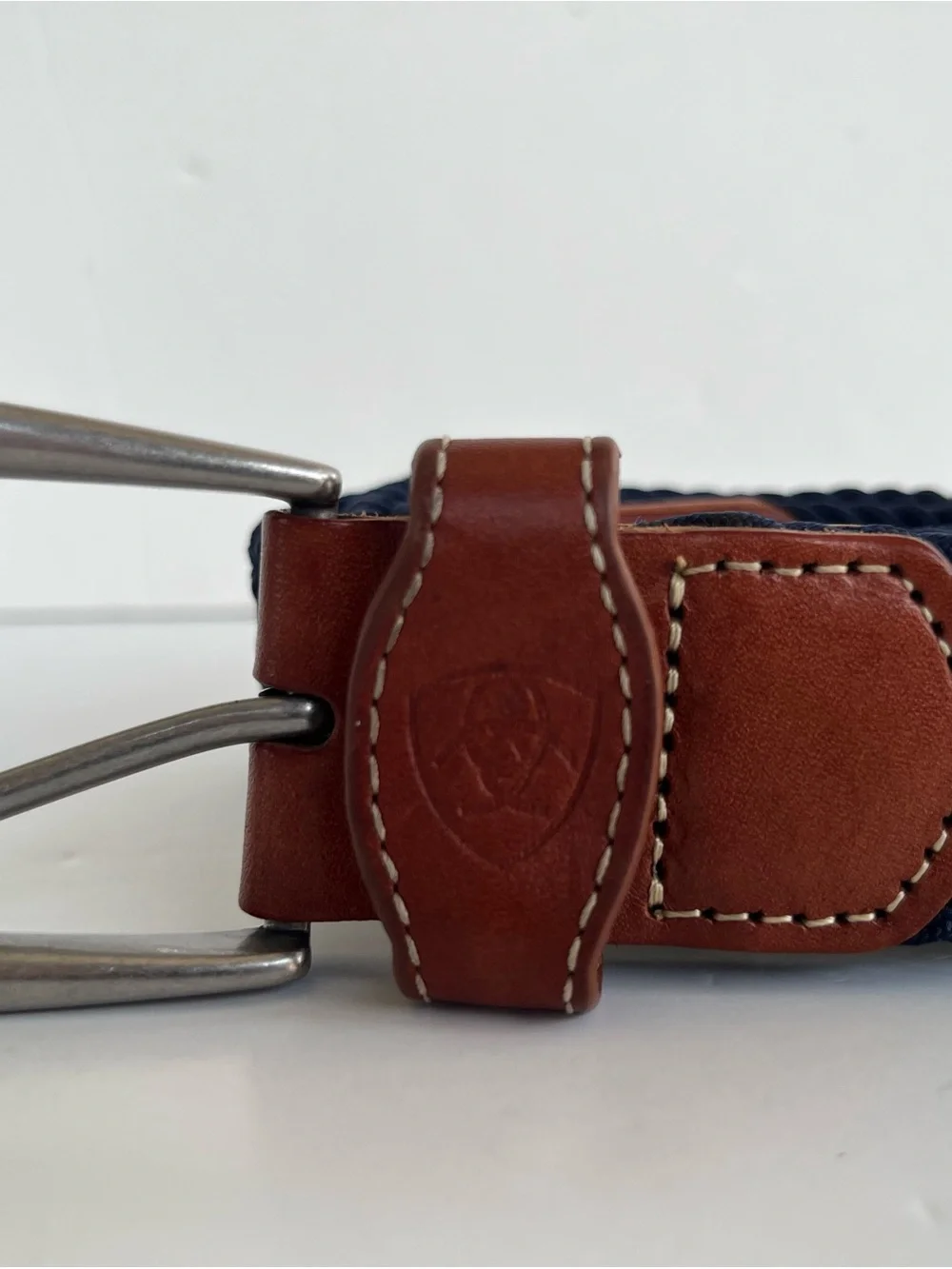 Ariat One Rail Woven Navy Belt with Brown Leather Accents Size M